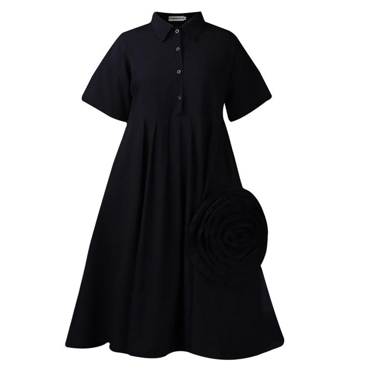Solid Color A Line Skirt Blouse Dress Women Short Sleeved S