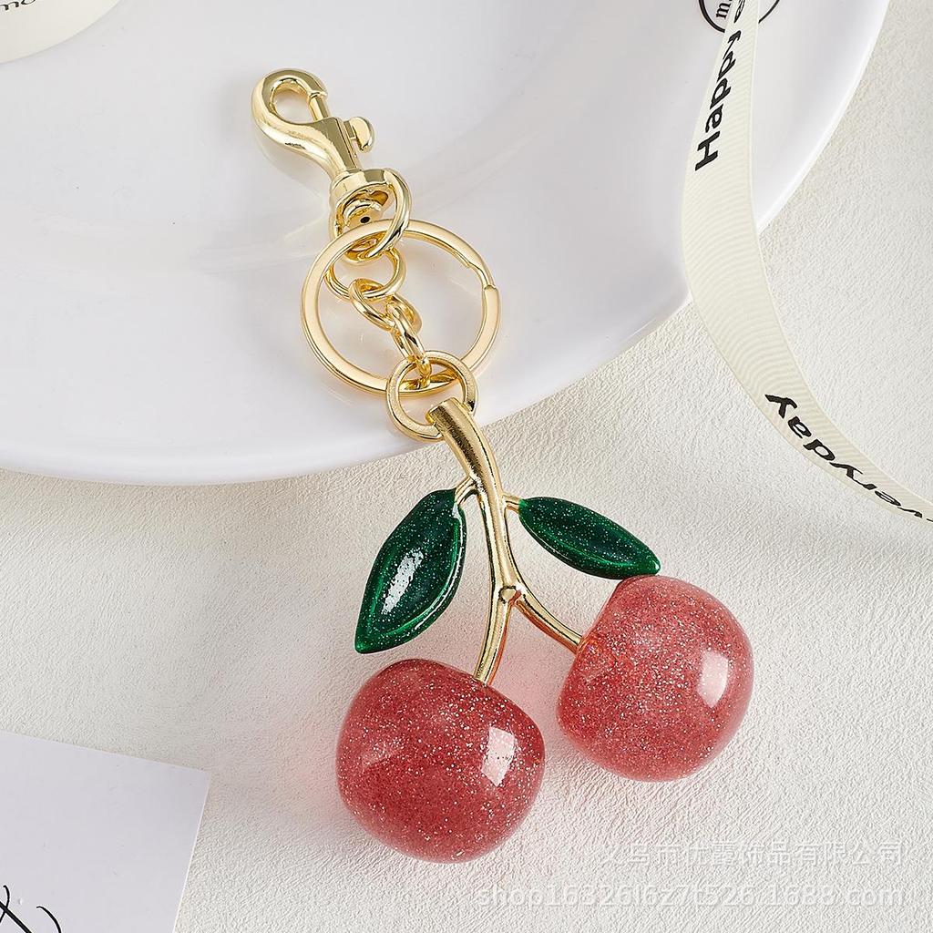 High-End Resin Cherry Bag Charm and Metal Keychain