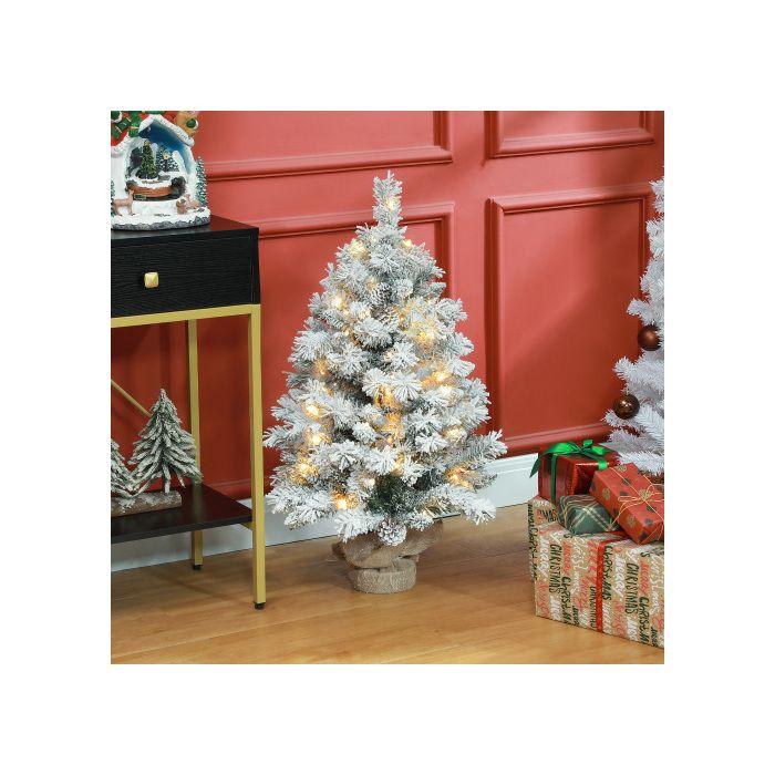 HOMCOM Sapin de Noël 92 cm, lumières LED, branches enneigées, pommes de pin, ignifuge, pied en béton