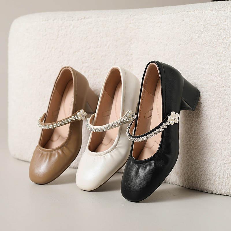French sweetheart rhinestone word with Mary Jane shoes women's 2025 new light mouth thick heel single shoes with skirt high heels