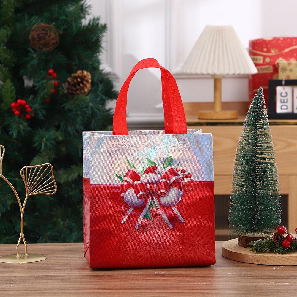 StoBag Christmas Gift Bags Holiday Non-Woven Tote Bags with Holographic Bow Design for Candy Snacks and Presents