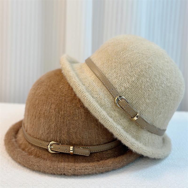 New Belt Buckle Wool Hat Women's Autumn and Winter Simple Top Hat Bucket Hat Dome Basin Hat