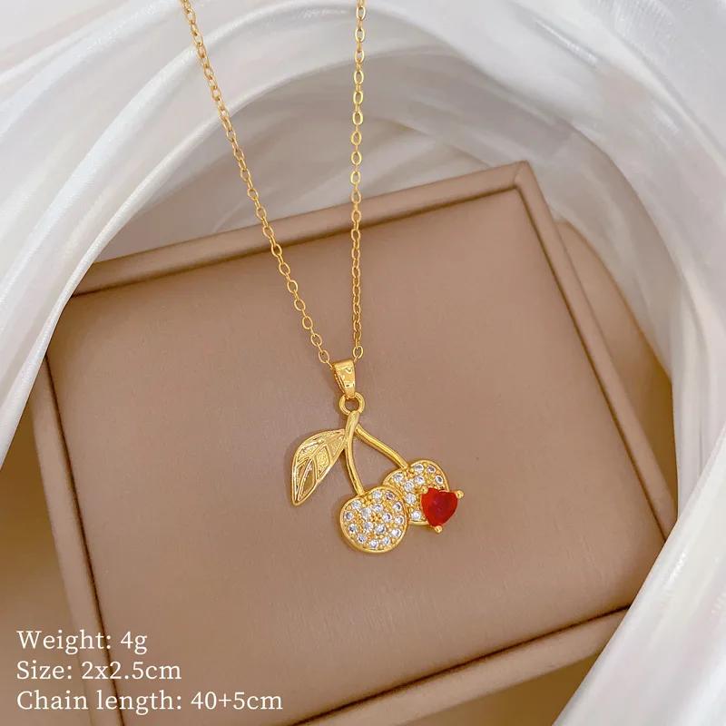 

Fashion Red Zircon Cherry Pendant Necklace for Women Girls Stainless Steel Chain Cherry Jewelry Cute Accessories Gifts