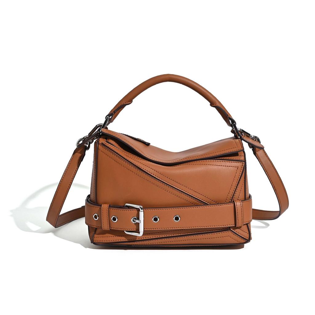 2025 Autumn Geometric Cowhide Crossbody Biker Bag - Large Capacity Genuine Leather Handbag for Women