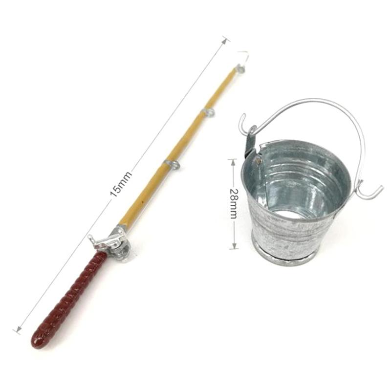 2Pcs/Set 1:12 Dollhouse Miniature Metal Fishing Rod Model + Water Bucket