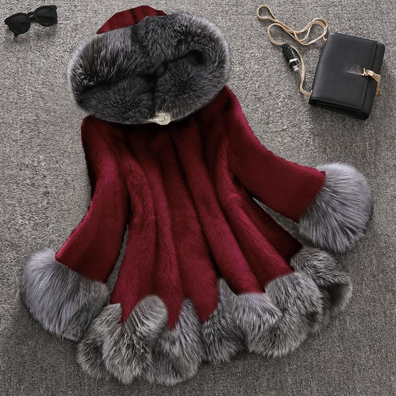 Faux Fur Coat Women Autumn Winter Faux Mink Coat Faux Fox Fur Collar Hooded Jacket Large Size Tops Fur Women Christmas Clothes
