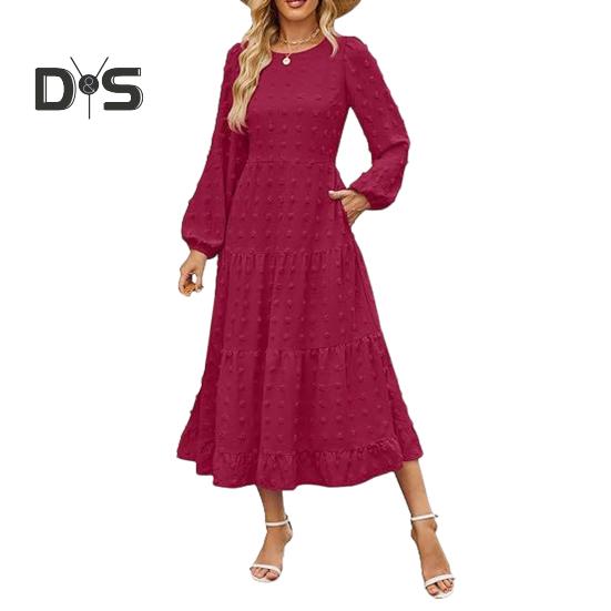 

Платье для женщин осень-зима с длинными рукавами-фонариками, А-силуэтом, круглым вырезом, большим подолом, аппликацией в горошек, плиссированное, однотонное, для свиданий, поездок на работу, миди-платье S вино красного