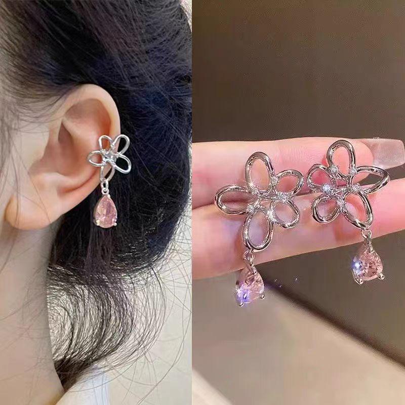 Light Luxury Pink Flower Zirconia Ear Cuff: Elegant, Girly, No Piercing Needed