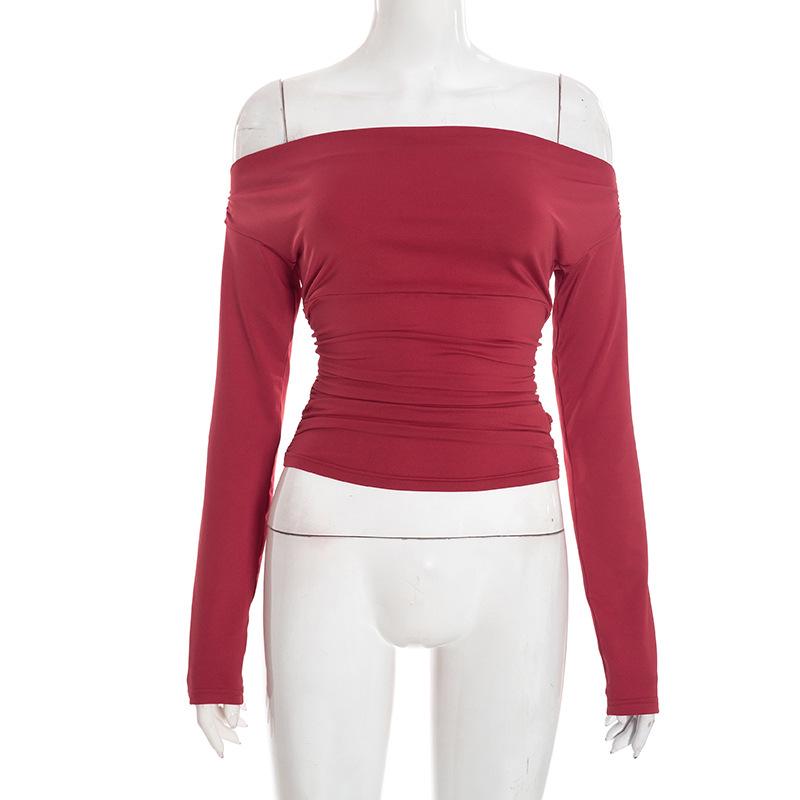 

Elegant Off-the-Shoulder Pleated Waist-Cinched Long-Sleeve Cropped Top for Women - Autumn/Winter Collection S