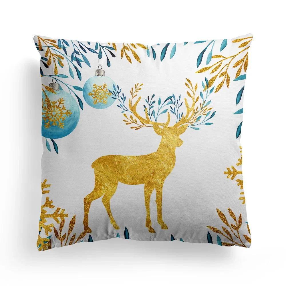 Home Decoration Christmas Blue Elk Plant Pillow House Polyester Cushion Cushion Decoración Navideña Funda De Almohada
