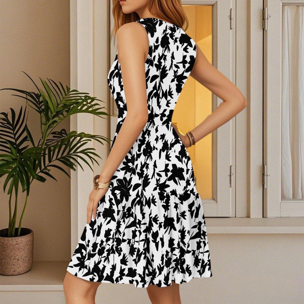 Women's Summer Dress V Neck Sleeveless Casual Classical Floral Leaf Print Hem Pleated Dress