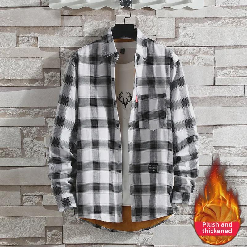 2023 Men's Plus Velvet Warm Plaid Shirt: Thick, Brushed, Slim Fit, Casual Korean Style.