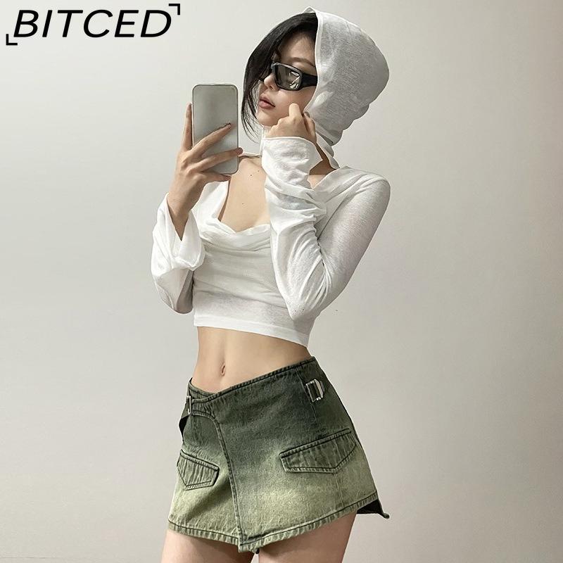 BITCED Spring Women's Solid-Color Slim-Fit Crop Top Fashion V-Neck Hooded Long-Sleeve Sun Protection Shirt