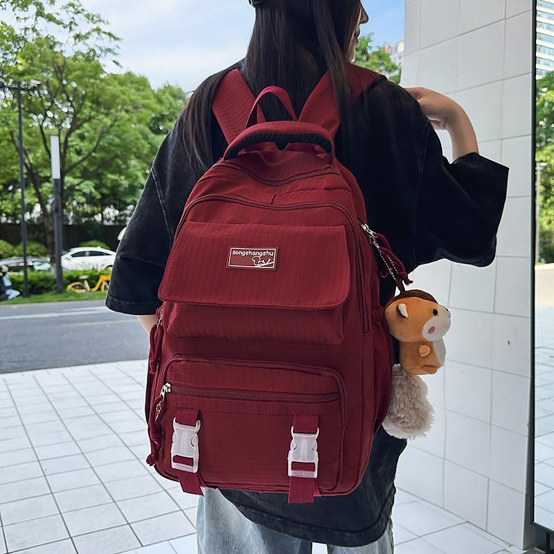 Simple Color Solid Checkered Texture Student Backpack With Pendant Plush