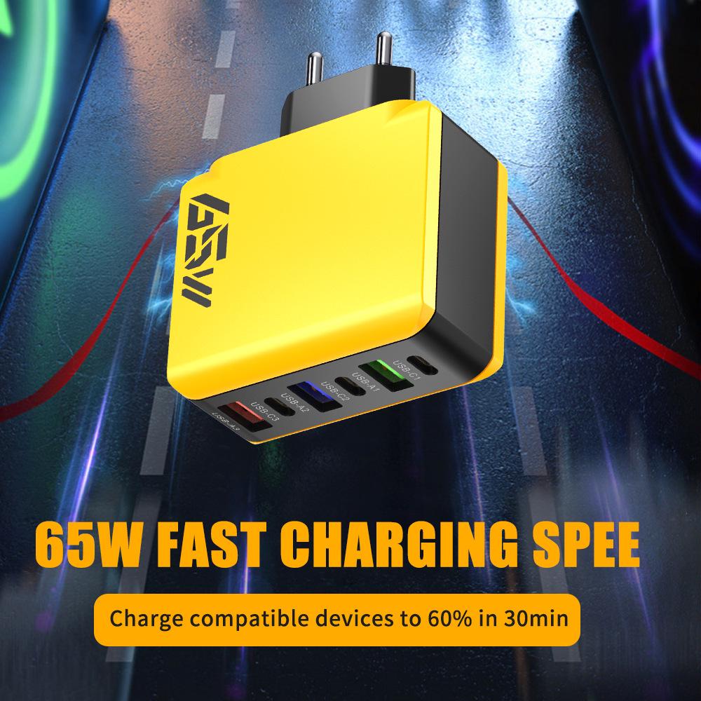 65W Multi-port Charger: 3 PD + 3 USB Ports, Compatible with US/EU/UK Standards, C Port Adapter