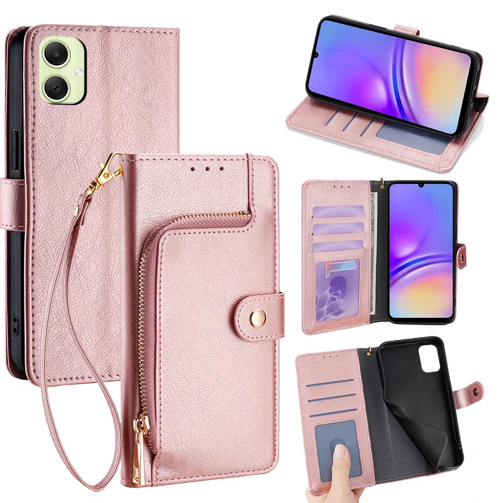 For Samsung Galaxy A05 4G Case Zipper Pocket PU Leather Wallet Flip Phone Cover with Wrist Strap