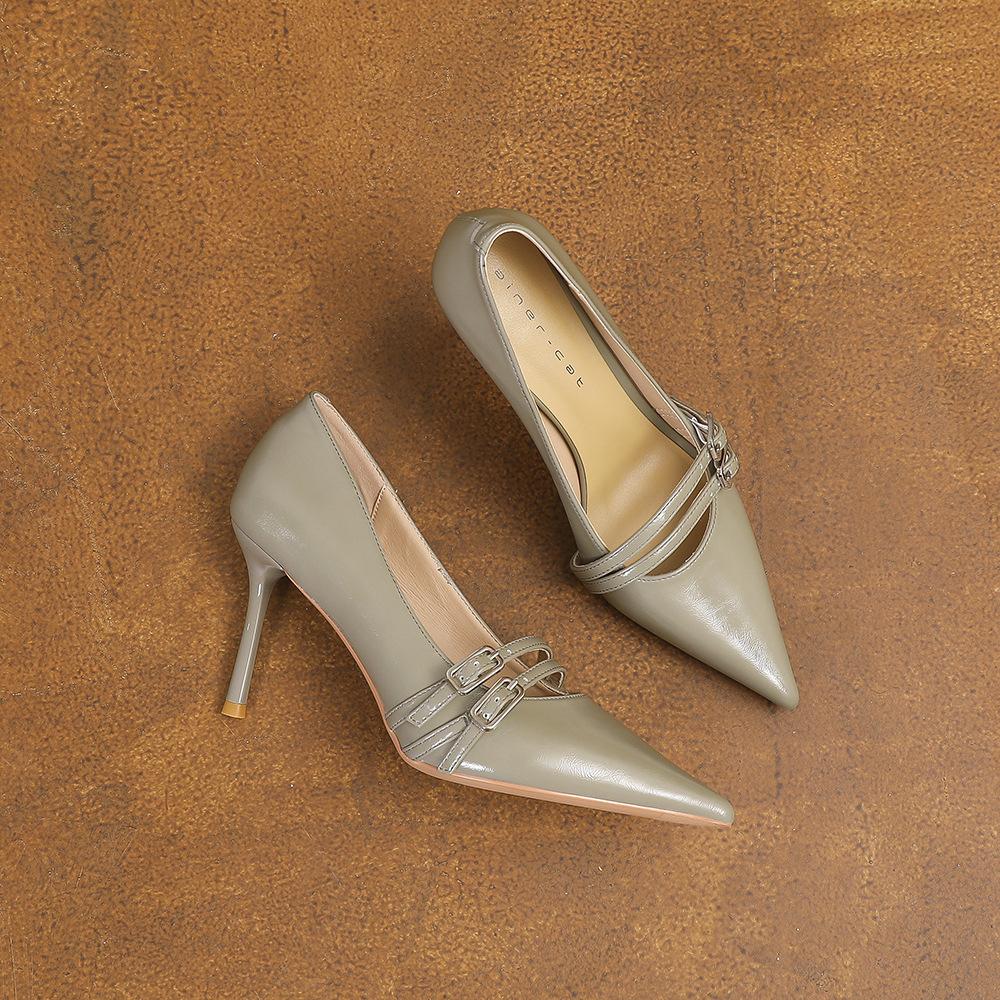 

8871 [sheepskin] high heels women s thin heels 2025 new pointed head shallow mouth temperament word with commuter shoes 39