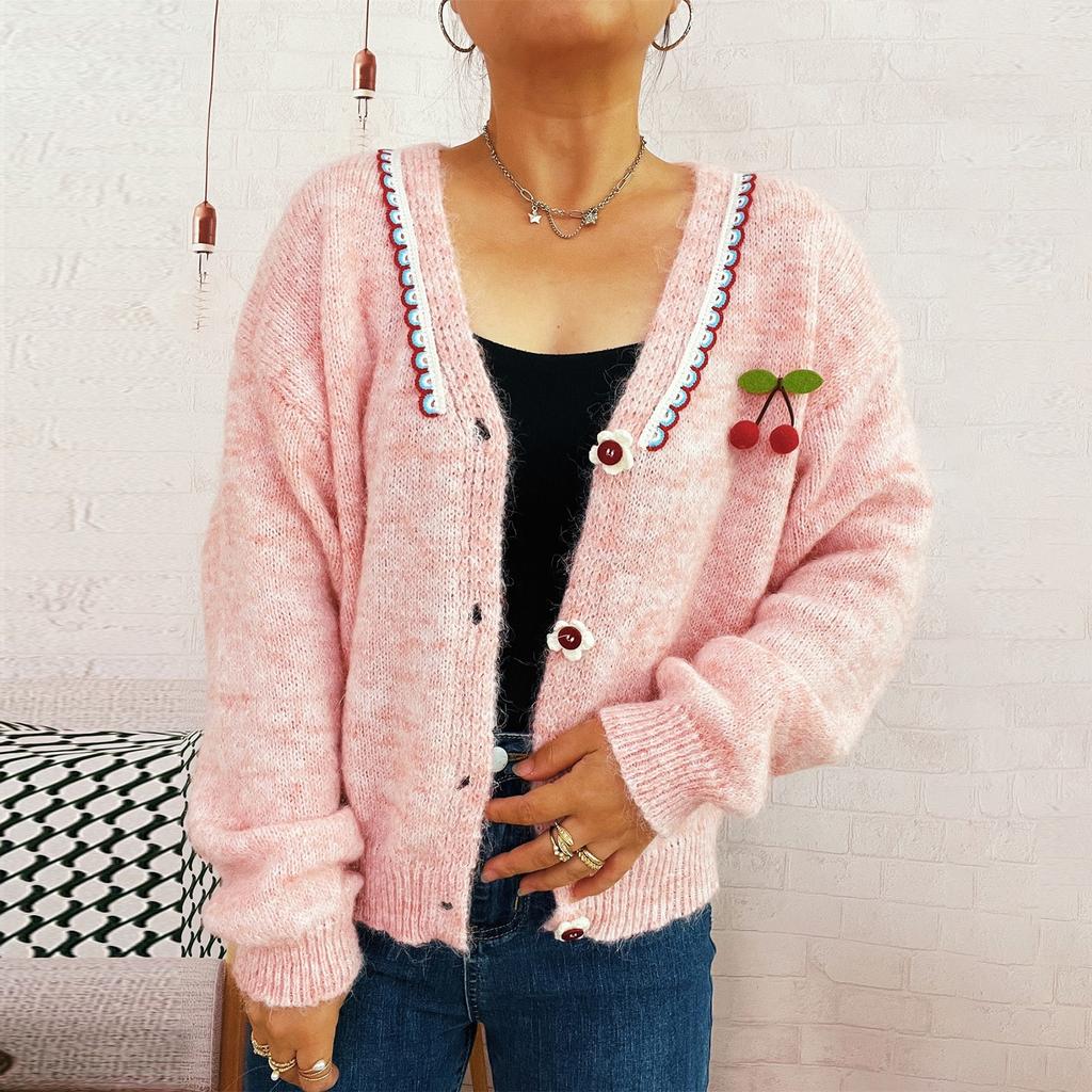 Women's Fashionable Casual Cute Wave V-neck Decoration Flower Button Knit Cardigan Sweater Jacket