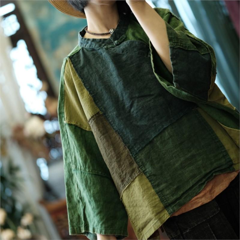 Johnature Women Vintage Patchwork Shirts Tops Chinese Style Stand Long Sleeve Blouses Spring Shirts