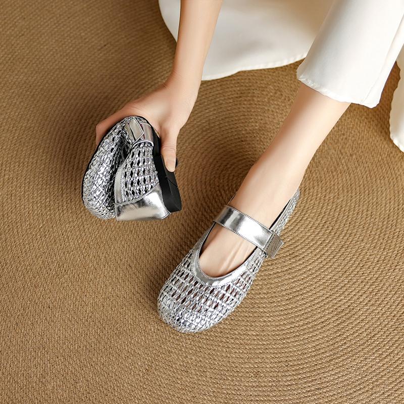 Fashion Women's New Leather Cowhide Woven Hollow Breathable Round Head Metal Belt Buckle Low Heel Plus Size Mary Jane Casual Single Shoe