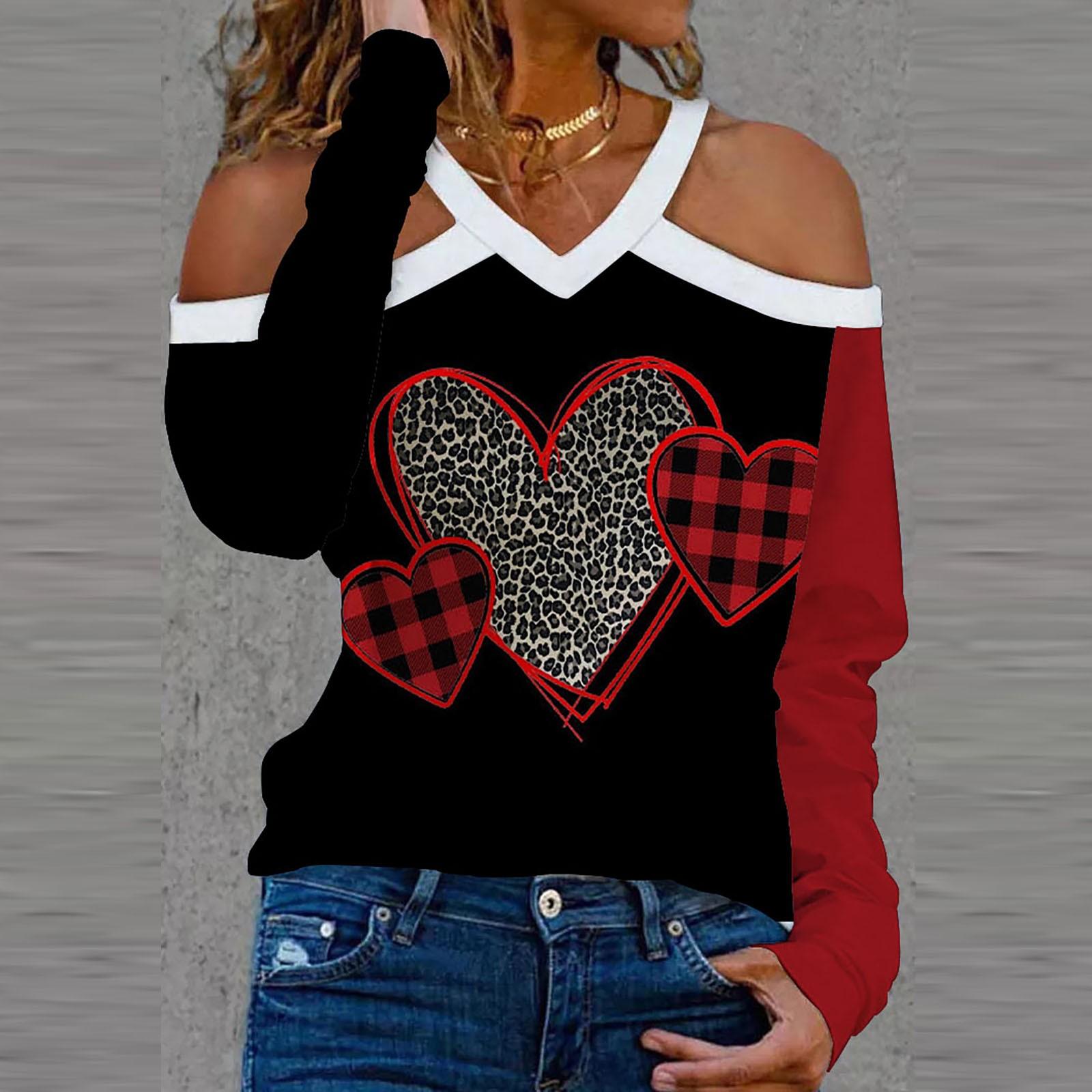 

Nikitas Women s Valentine s Day Digital Print V-Neck Hanging Long Sleeve Loose T-Shirt Top