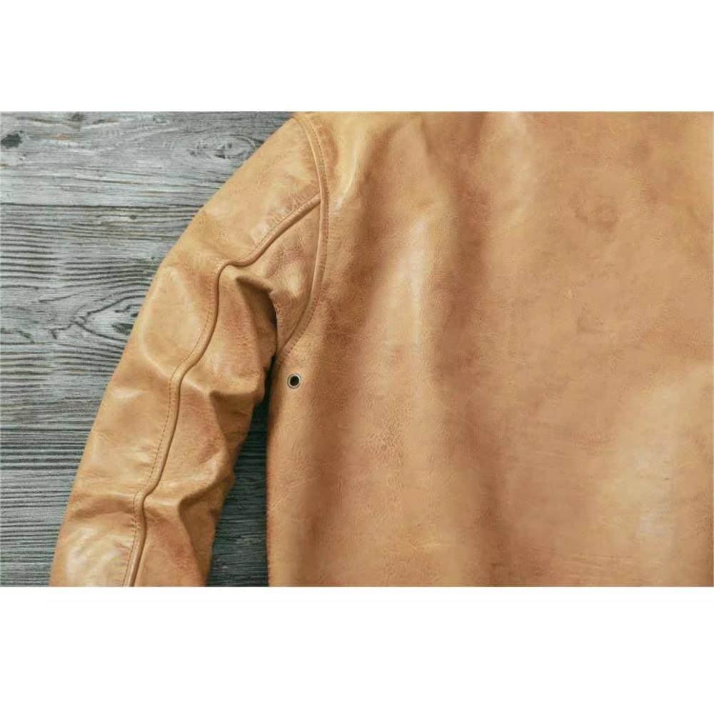 Čínská velikost Klasická letecká bunda A2 Pilotní bunda Vintage Špinavě žlutá Voskovaná hovězí kůže Bunda z pravé kůže Muži Letecké bundy Pánské kabáty