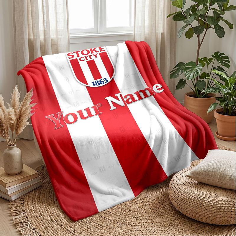 Stoke City FC Custom Name Text Flannel Blanket Soccer Logo Personalized Fleece Throw Blanket Special Gift For Sofa Bedroom Home