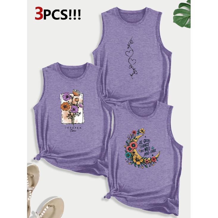 Sunflower Moon Floral Combination Gift Print Pattern Round Neck3Pack of Sleeveless Vests for Women In Spring, Summer, and Autumn