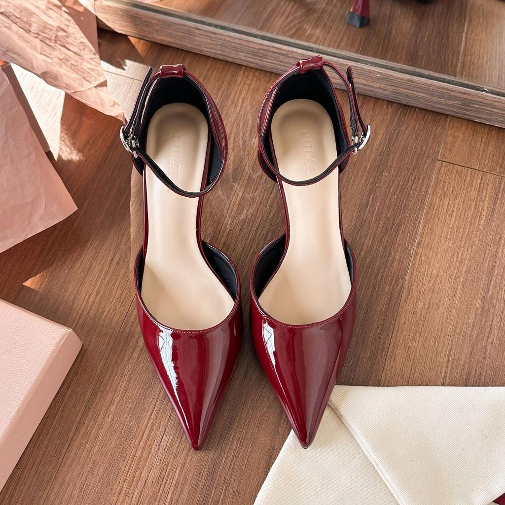Baotou Sandals Women's New Patent Leather Widened and Fattened Large Size Pointed Hollow Word with Stiletto High Heels