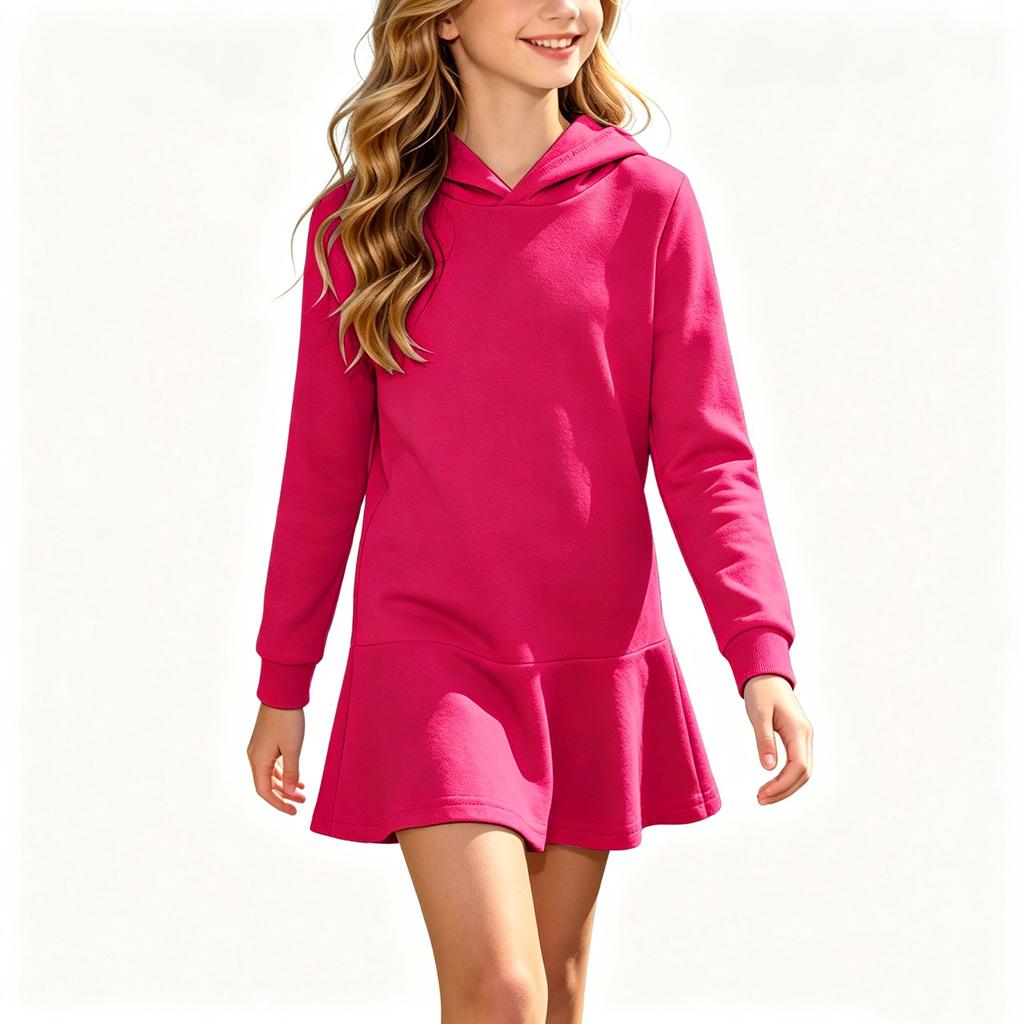 Girls Hooded Sweatshirt Dress Color Casual Long Sleeve Dress for Spring and Fall