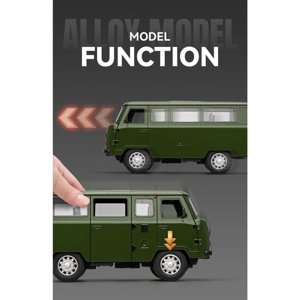 1/18 Russian UAZ TRAVELER BUS Toy Model Off Road Vehicles Alloy Diecast RV Car Models Doors Opened Sound Light Pull Back for Kid