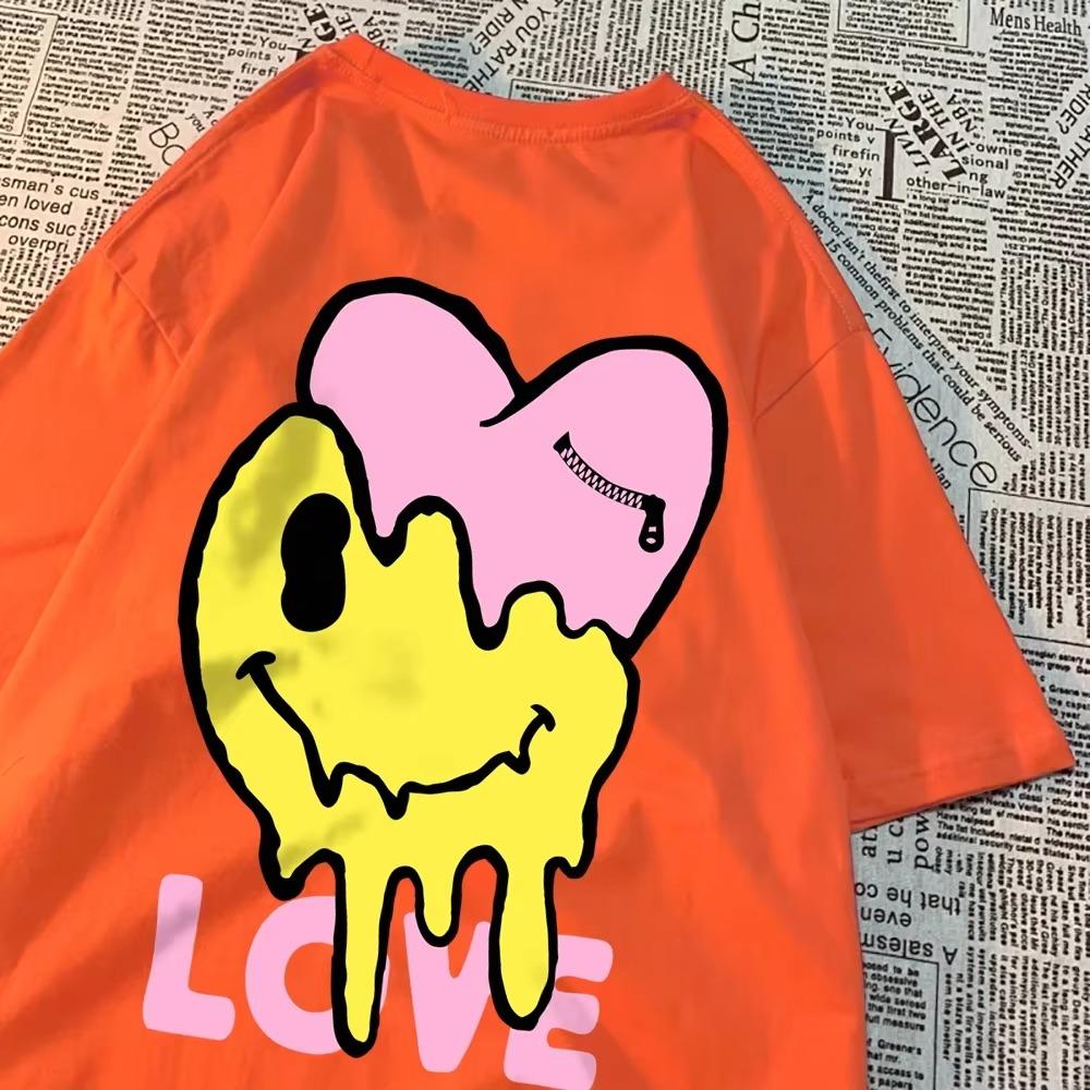 Melting Happy Face And Hurting Heart T-Shirts Couple Breathable O-Neck Tshirt Loose Clothes Oversized Summer T-Shirts Cotton Tee