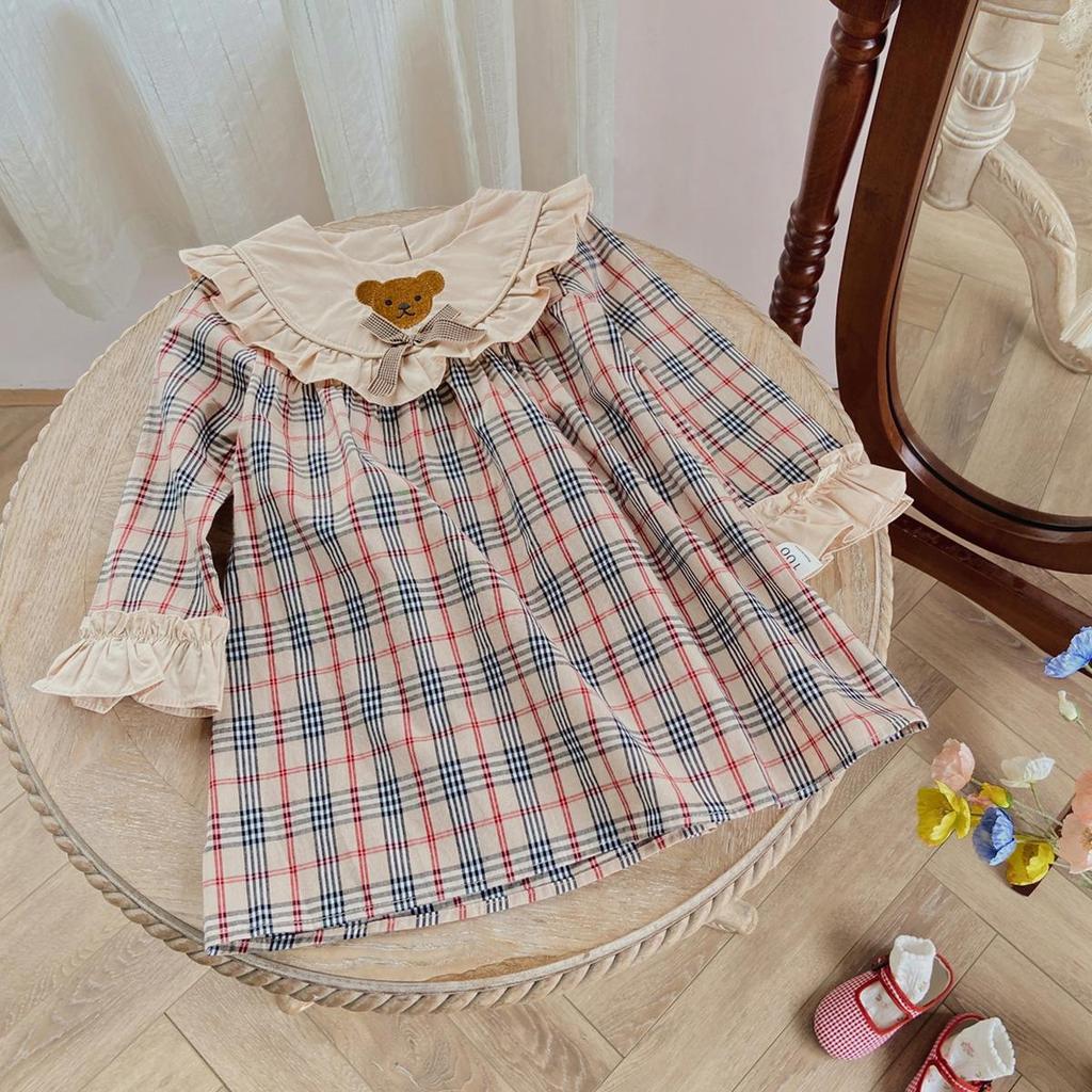 Niedliches Teddybär-Plaid-Kleid für Mädchen 2024: Langärmeliger Volant für Frühling & Herbst