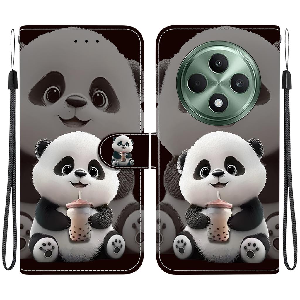 Ręcznie robione etui z klapką z PU skóry dla Oppo Reno12 F (5G/CPH2637) Antypoślizgowe Wstrząsoodporne Etui z Paskiem na Nadgarstek i Wzorami Kota/Róży/Serca