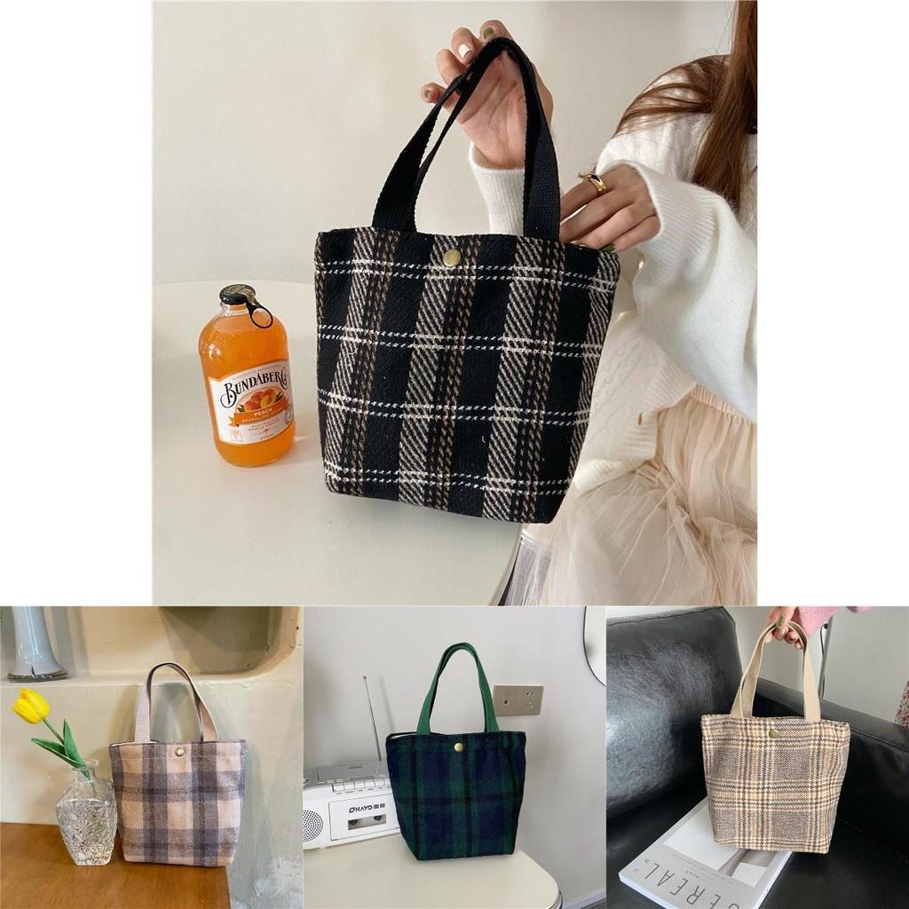 Stylish Ins Checkered Woolen Lunch Bag Chic Minimalist Tote For Everyday Use