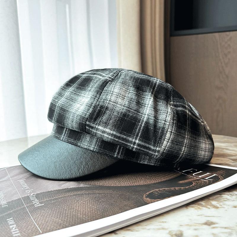Retro Plaid Octagonal Hat Women's Autumn and Winter Versatile Face Small Warm Painter Hat Fashion Literary Newsboy Hat