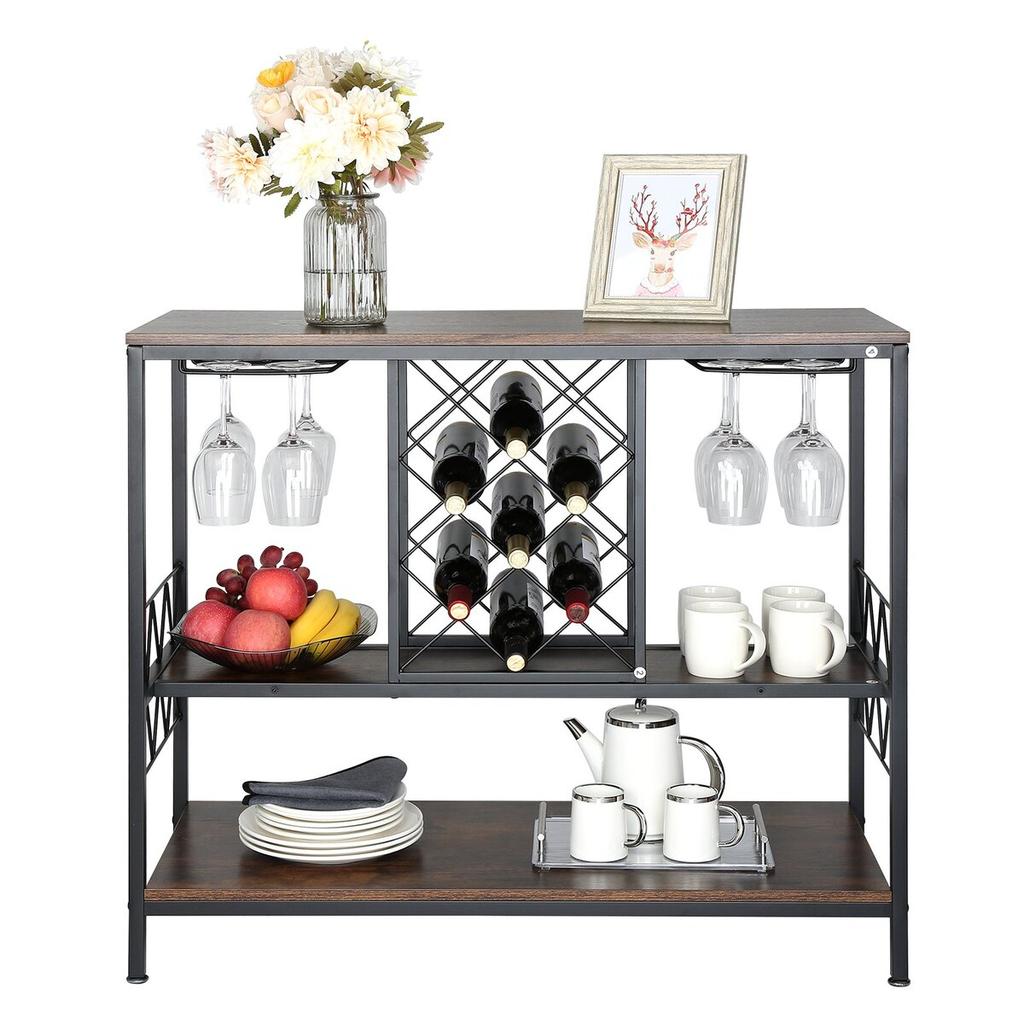 Armario Bar Industrial de 40 Pulgadas, Mesa de Vinos para Licores y Copas, Aparador Buffet con Soporte para Copas y Botellero, Madera Rústica Independiente