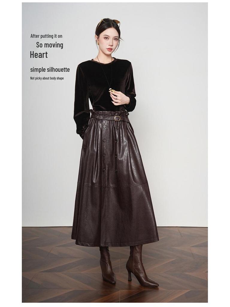Women's Elegant Lambskin High Waist Pleated A-line Skirt, Mid-length Korean Style