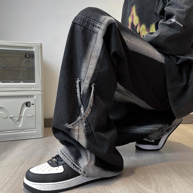 High Street Gradient American Wide Leg Jeans Men's Clothing Denim Pants Stylish Cross Spliced Vintage Young Style Loose Trousers