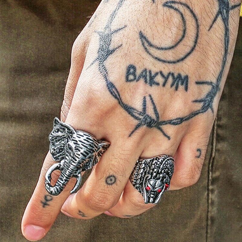 Retro Elephant Large Ring For Men Silver Color Street Punk Gothic Adjustable Ring Handmade  Biker Accessories Man Gift
