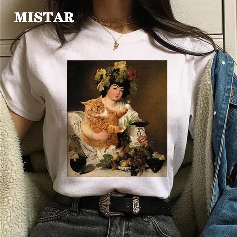 T-shirts Women Cat Oil Painting Printed Funny Graphic Tee Shirt Summer Short Sleeve Casual White Tops Harajuku Clothing