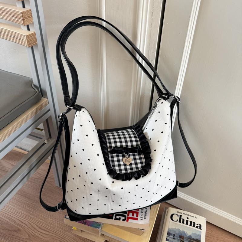

2025 лето новая модная сумка-тоут с высоким чувством в горошек портативный рюкзак студентка колледжа милая женская сумка 39*9*27 чёрный