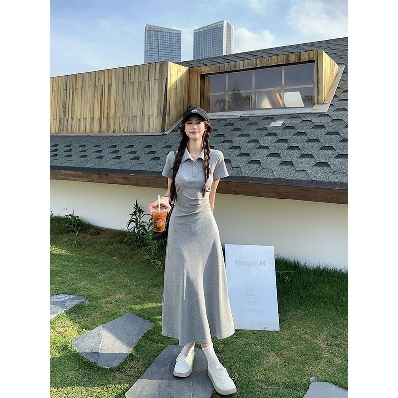 Kumikumi Design Sense Pleat Polo Collar Short sleeve One piece Dress Women clothing Summer Retro Waist Hugging A- line Skirt Long dress