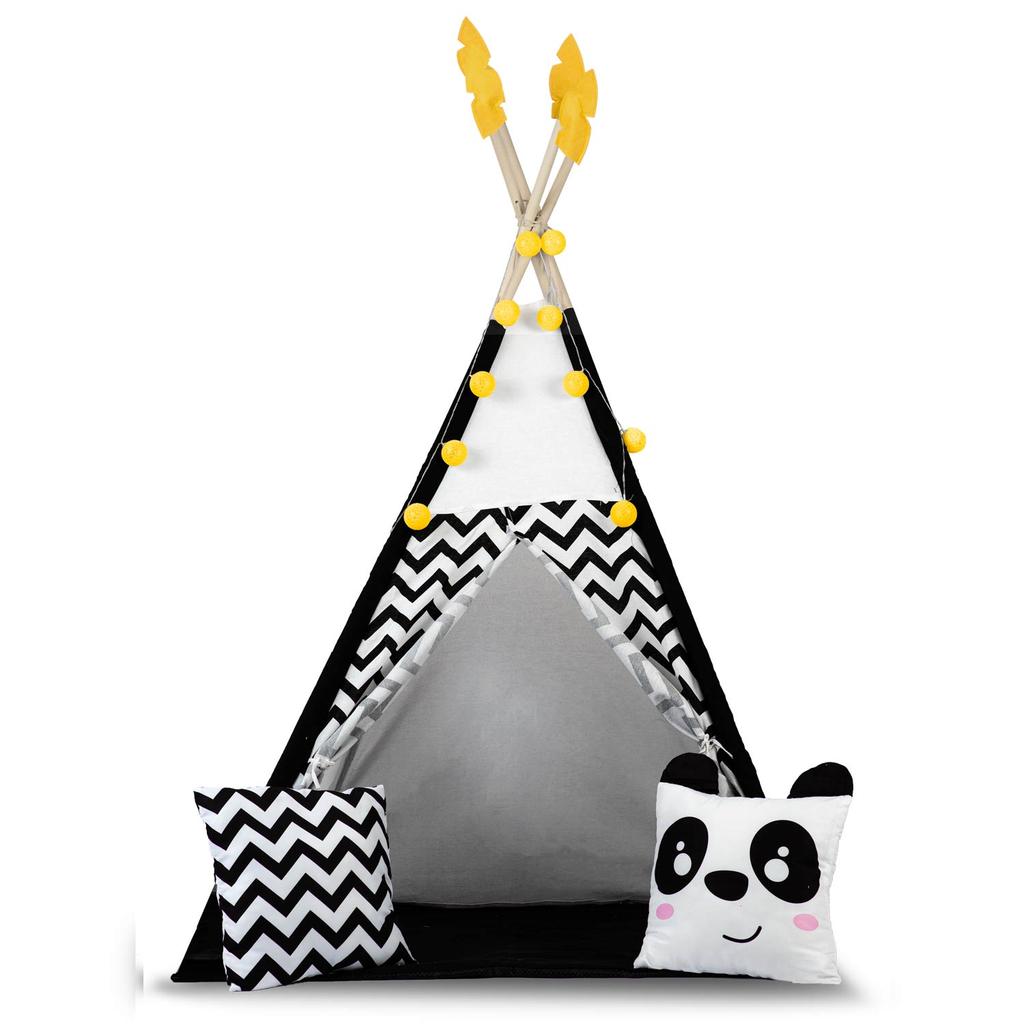 Tenda Tipi Nukido Para Crianças Com Guirlanda e Luzes Em Preto e Branco Com Um Panda