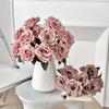 7-Head Ruffled Cappuccino Rose Bouquet - Vintage Artificial Flowers for Home or Wedding Decor