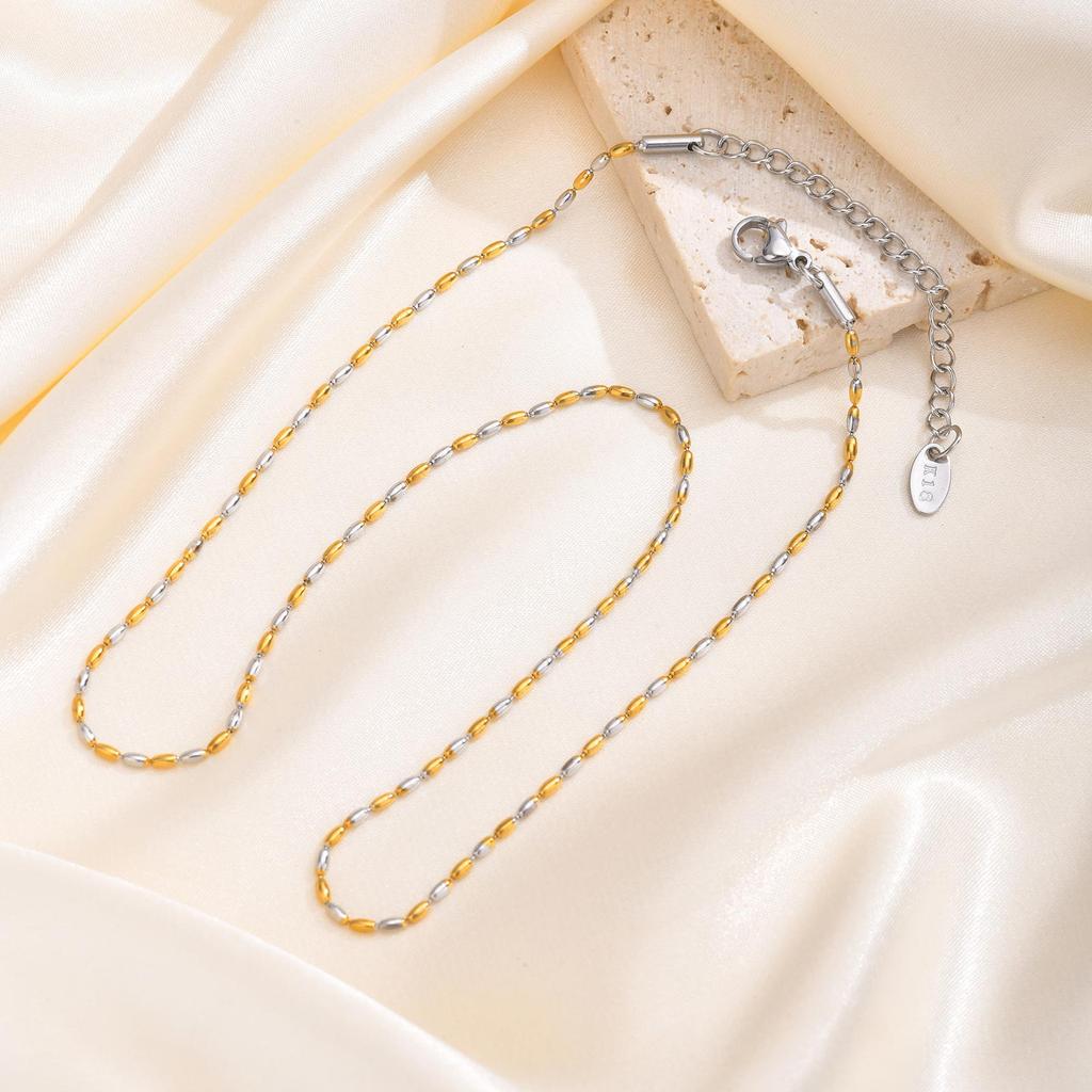 Two Tone Beaded Chain Necklace for Women,Stainless Steel Olive Bead Chain Necklace, 18K Gold PVD Plated,Fashion Jewelry Gifts