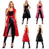 Women Glossy PU Punk Long Trench Coat Sleeveless Lapel Open Front Adjustable Buckle Waist Jacket Blazer for Cosplay Party Club Night