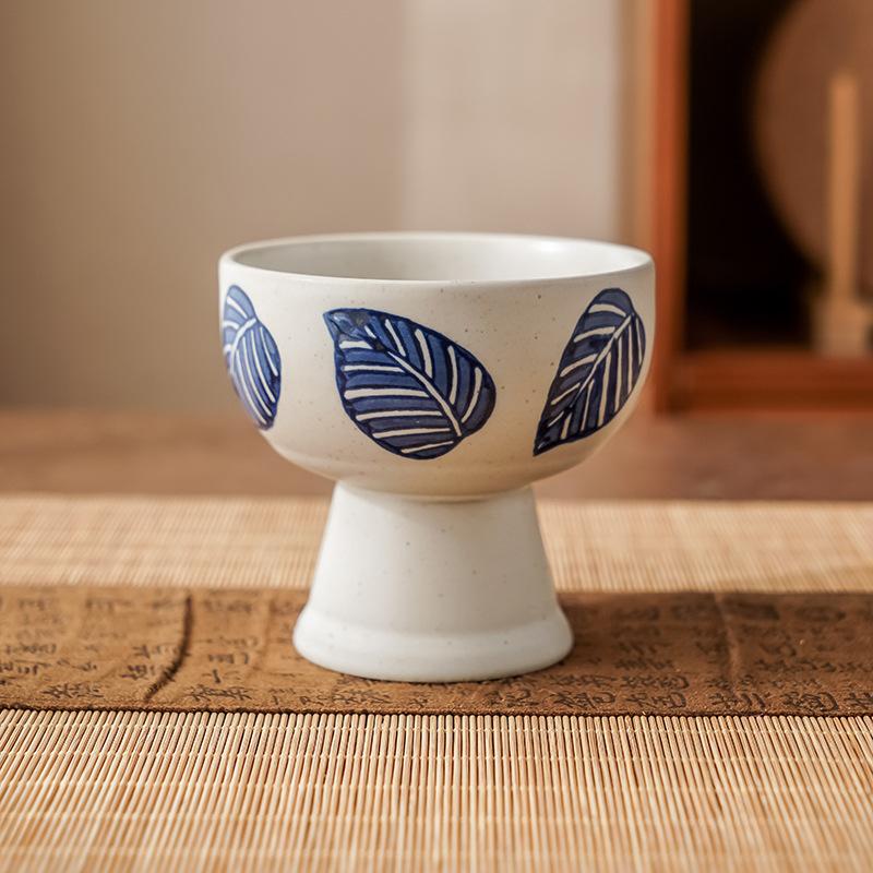 Japanese Ceramic Pedestal Bowl Hand-Painted Blue White Snack Plate Elegant Dessert Stand forTea Minimalist Cake Plate