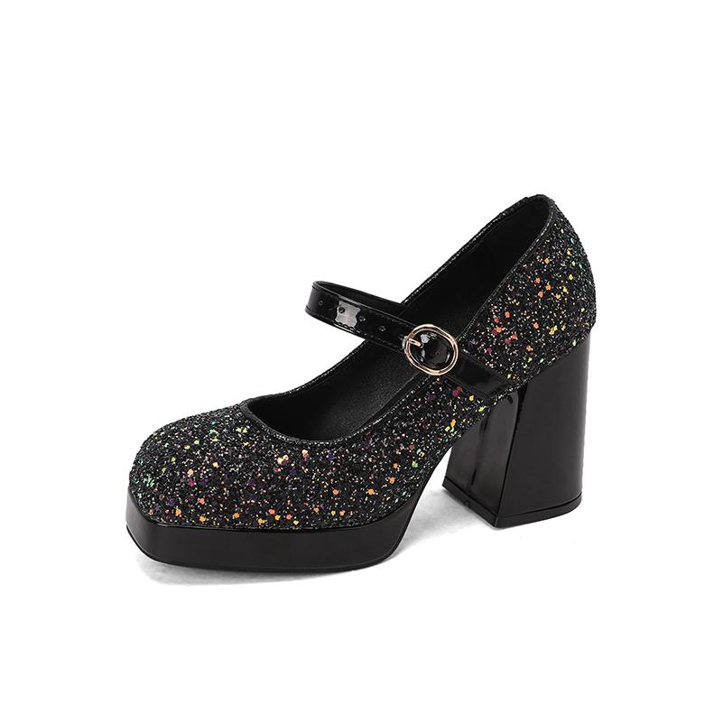 

Sparkling Color Changing Sequin Fabric Splicing Metal Heel Light Ultra Thick Heel Summer Pumps Instep Buckle High Heels 34 чорний