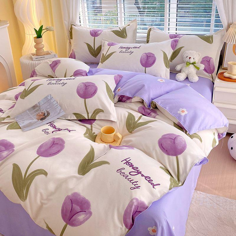 Vierteiliges Bettwäsche-Set, Bettwäsche, Gewaschene Baumwolle Sandgestrahlt Verdickter Bettbezug, Stepplaken, Studentenwohnheim Einzelbettbezug Dreiteiliges Set